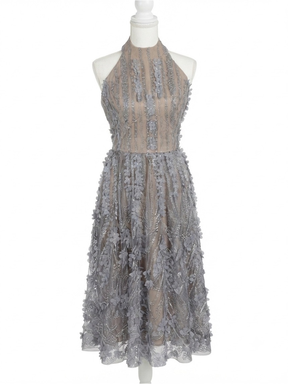 Dress the Population Silver Halter Midi Dress-Code 1362
